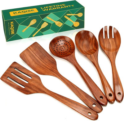 5 Cucharas Madera Teca Cocina Utensilios Resistentes Calor