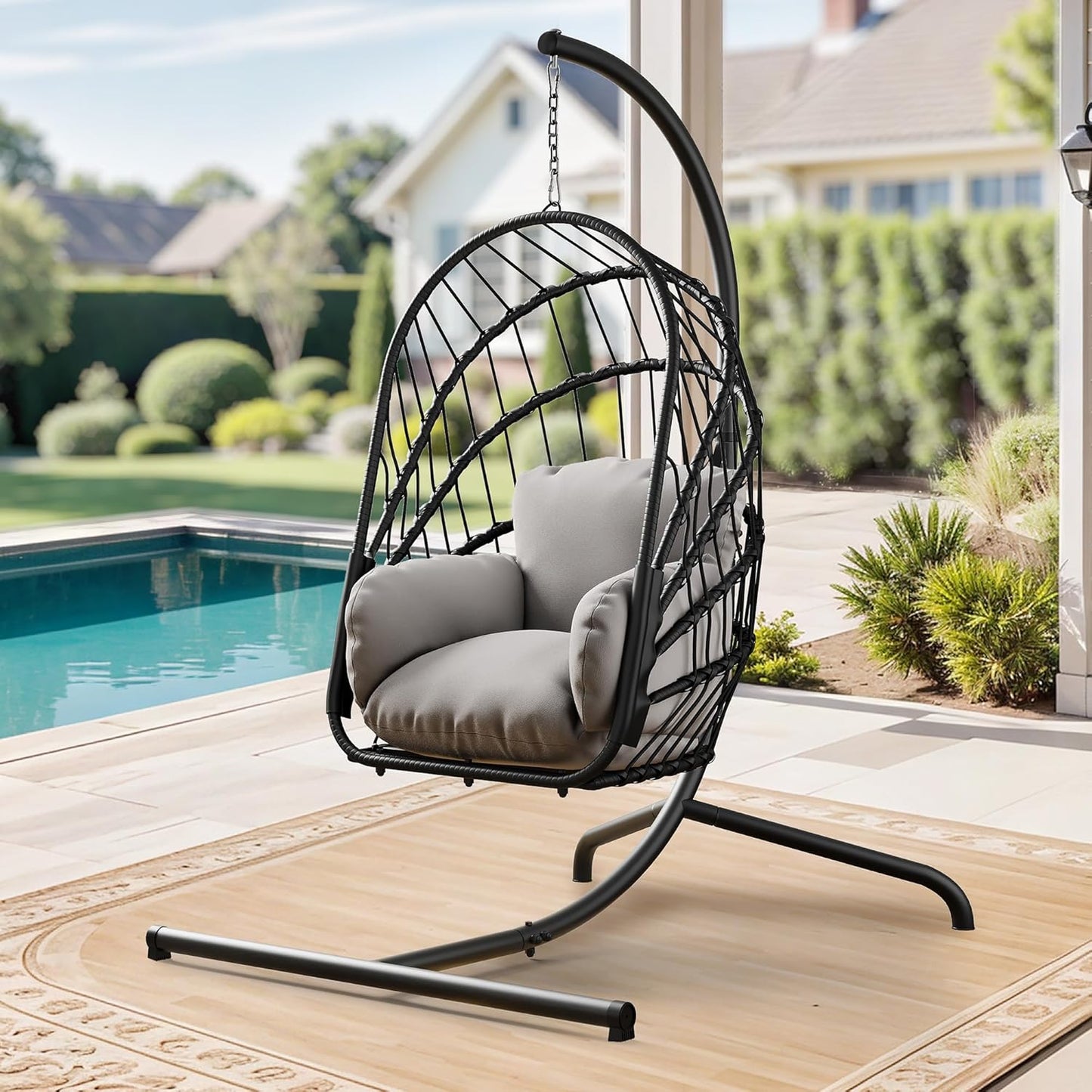 Silla colgante de huevo mimbre con cojín plegable para