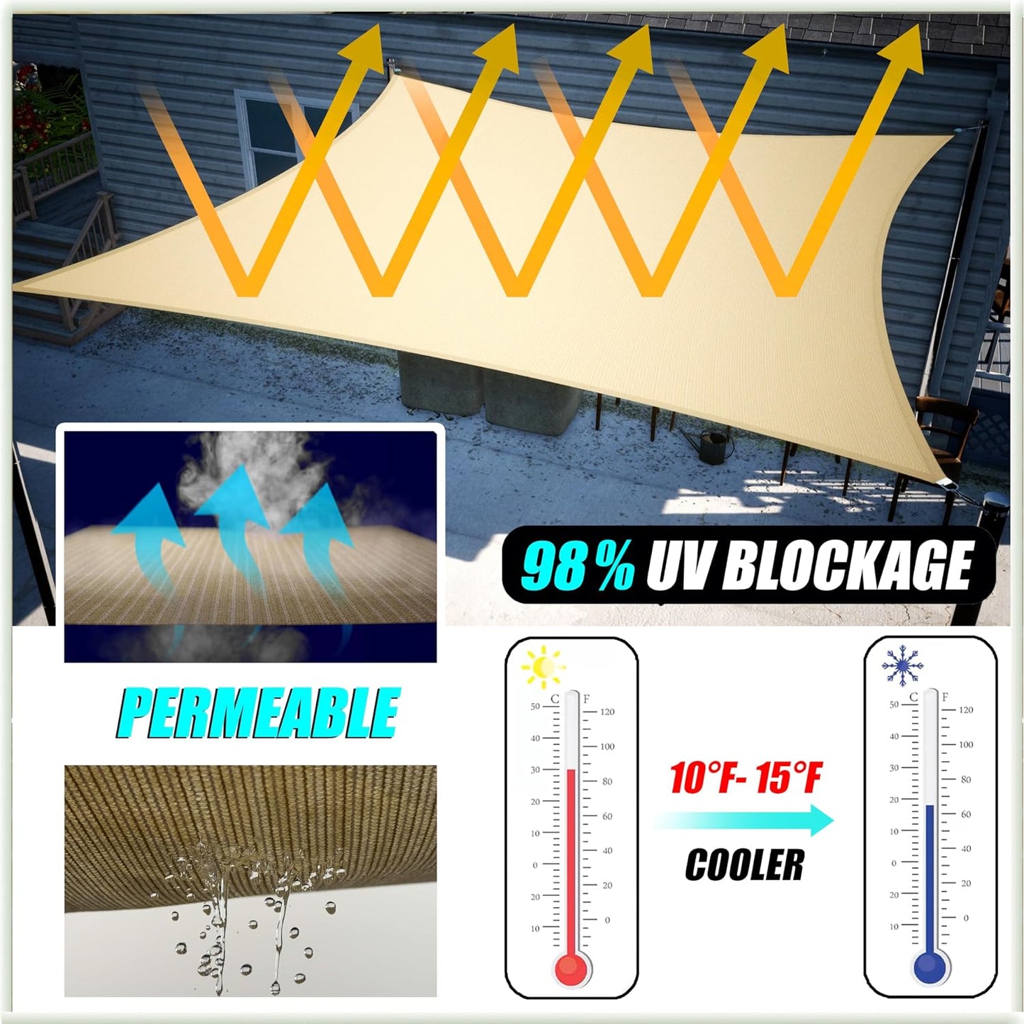 Toldo rectangular cubierta sol 95% UV bloqueo permeable agua