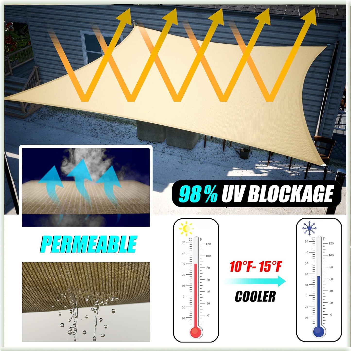 Toldo Vela Rectangular Blanco 8x10ft UPF50 Bloqueo UV