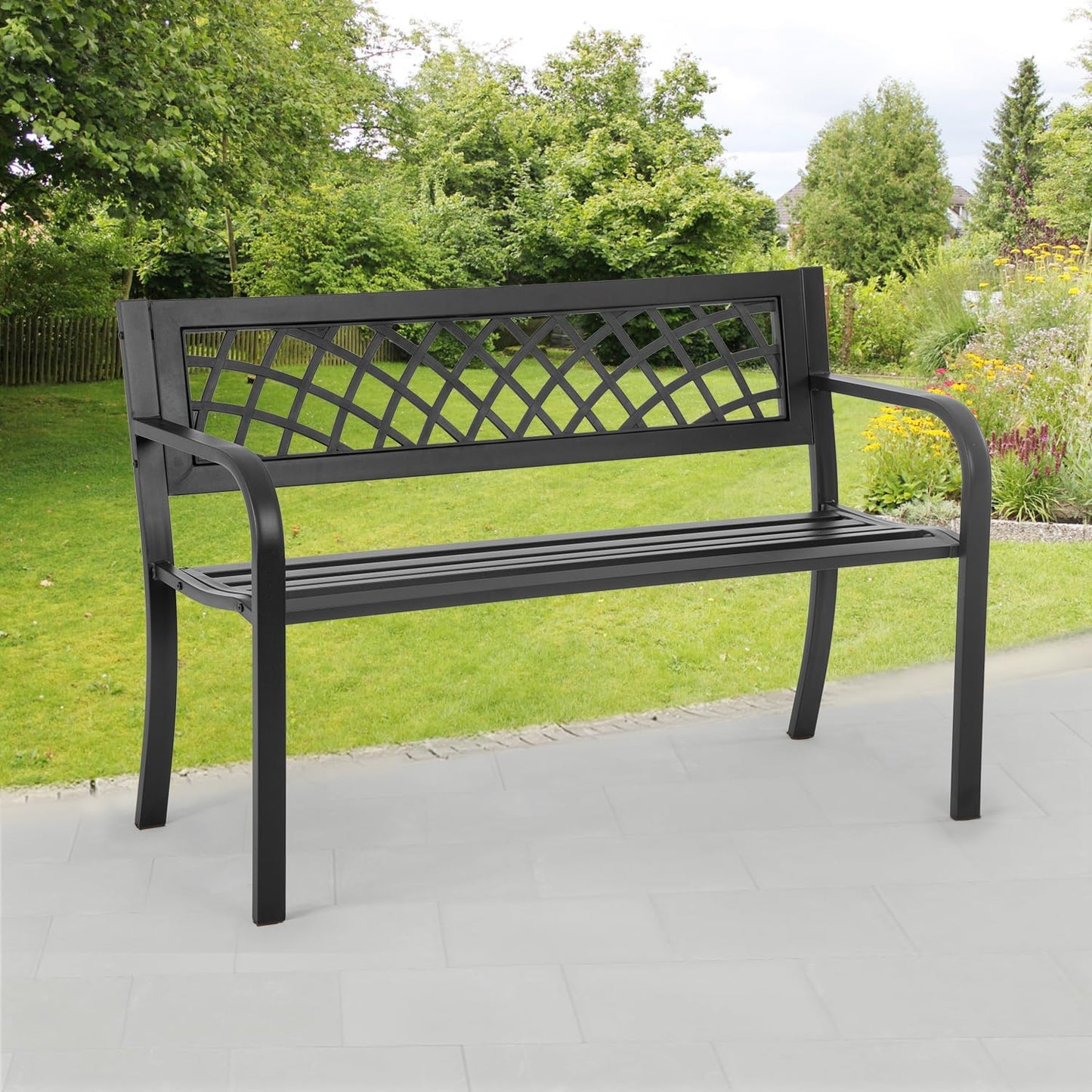 Banco jardín hierro malla reposabrazos plástico negro