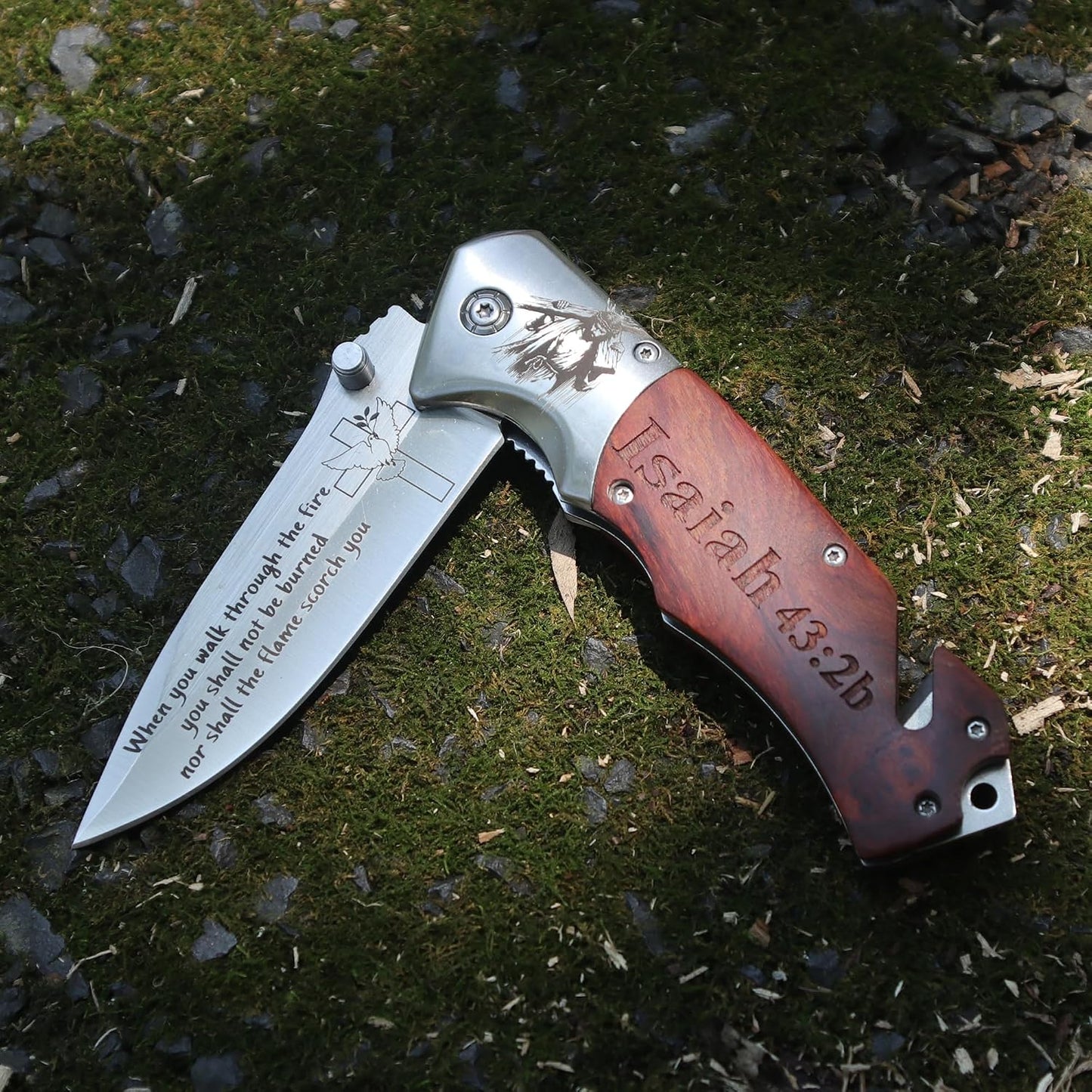 Cuchillo bolsillo religioso cristiano con cruz y versículo