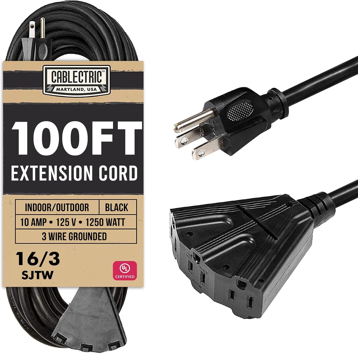 Cable extensión exterior 100ft 3 tomas SJTW negro duradero