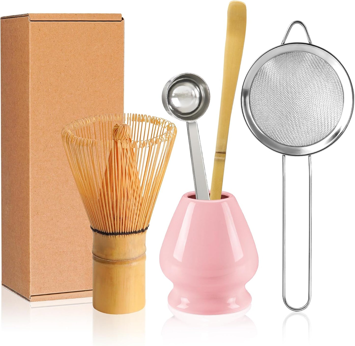 Kit Batidor Matcha Chasen Cerámico Soporte Rosa