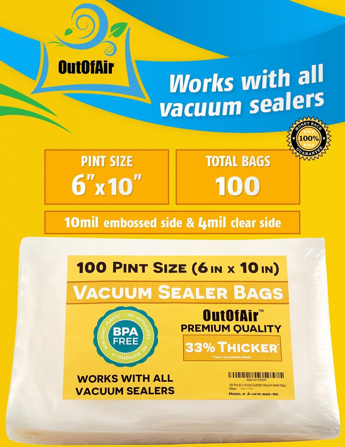 100 Bolsas Selladoras Vacío 6x10pulg Comp 33% Sin BPA