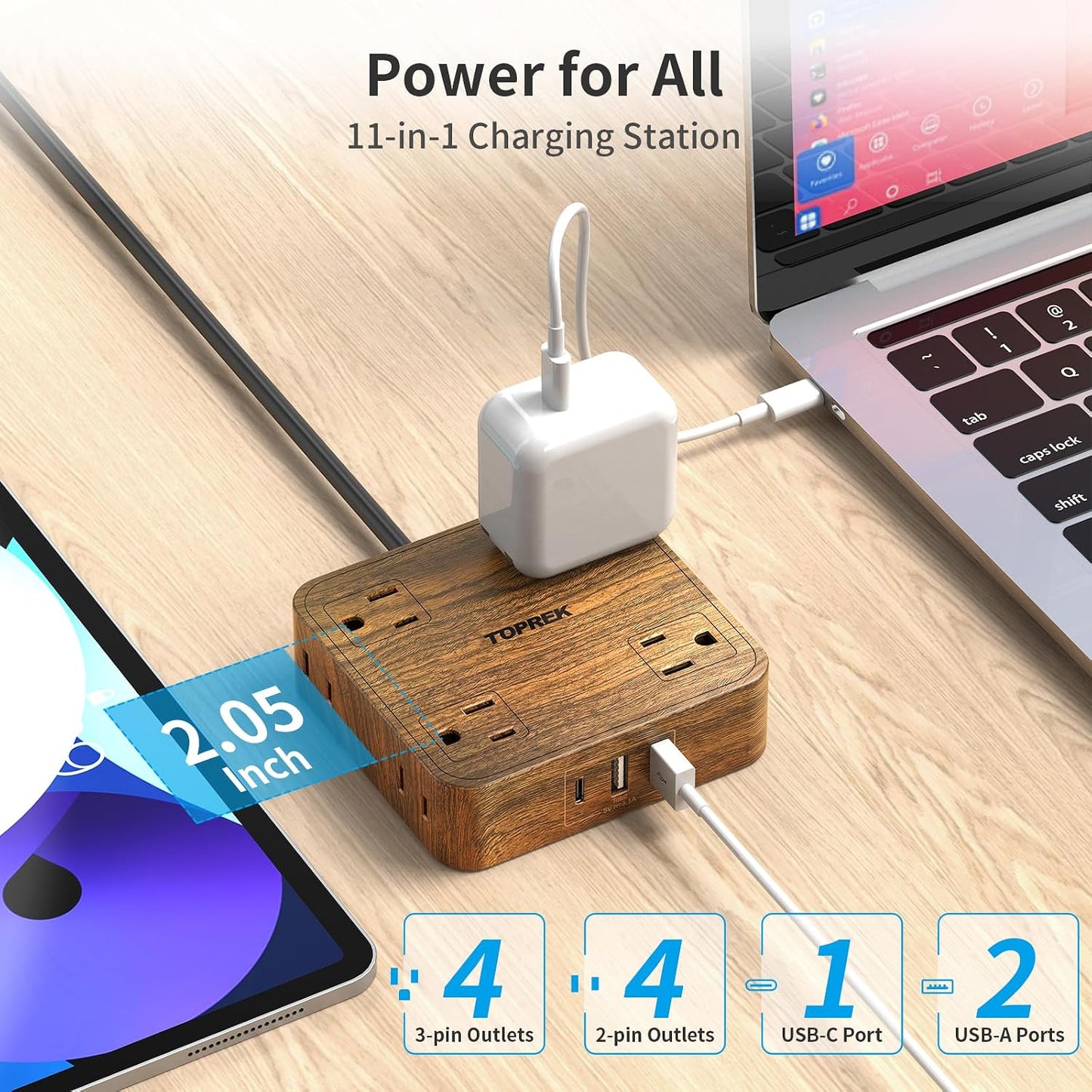 Regleta sobretensiones 8 tomas con USB-C y USB-A acabado madera