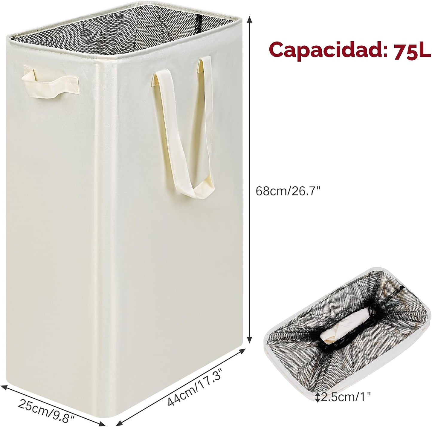 Cesta lavandería delgada estrecha con asas plegable 19.8gal