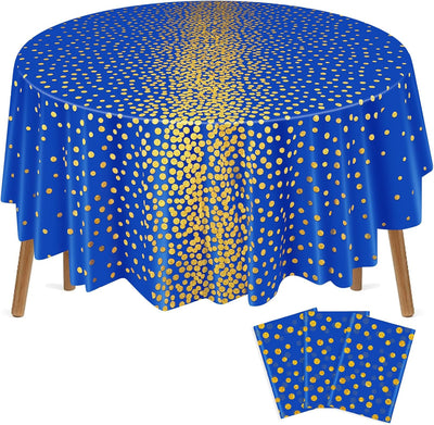 Mantel plástico redondo 84pulg 3pzas azul y dorado