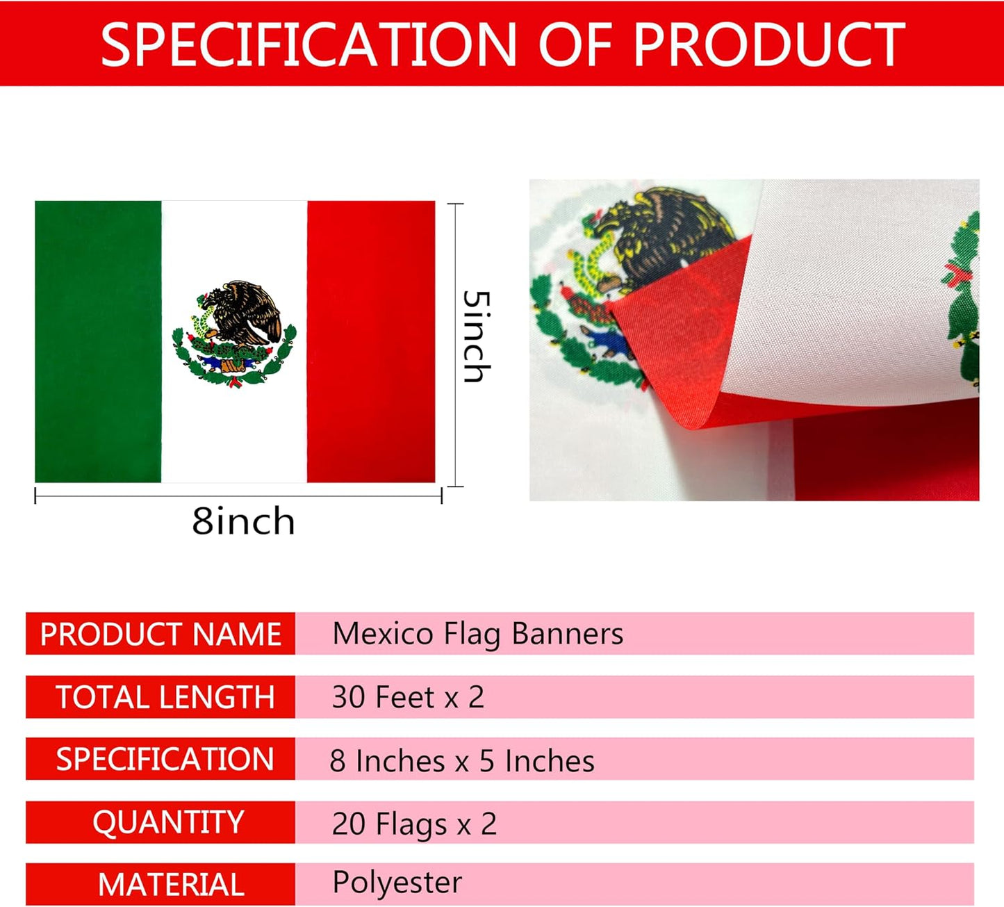 2 Banderas Mexico 60ft Cadena Pequeña Colgante
