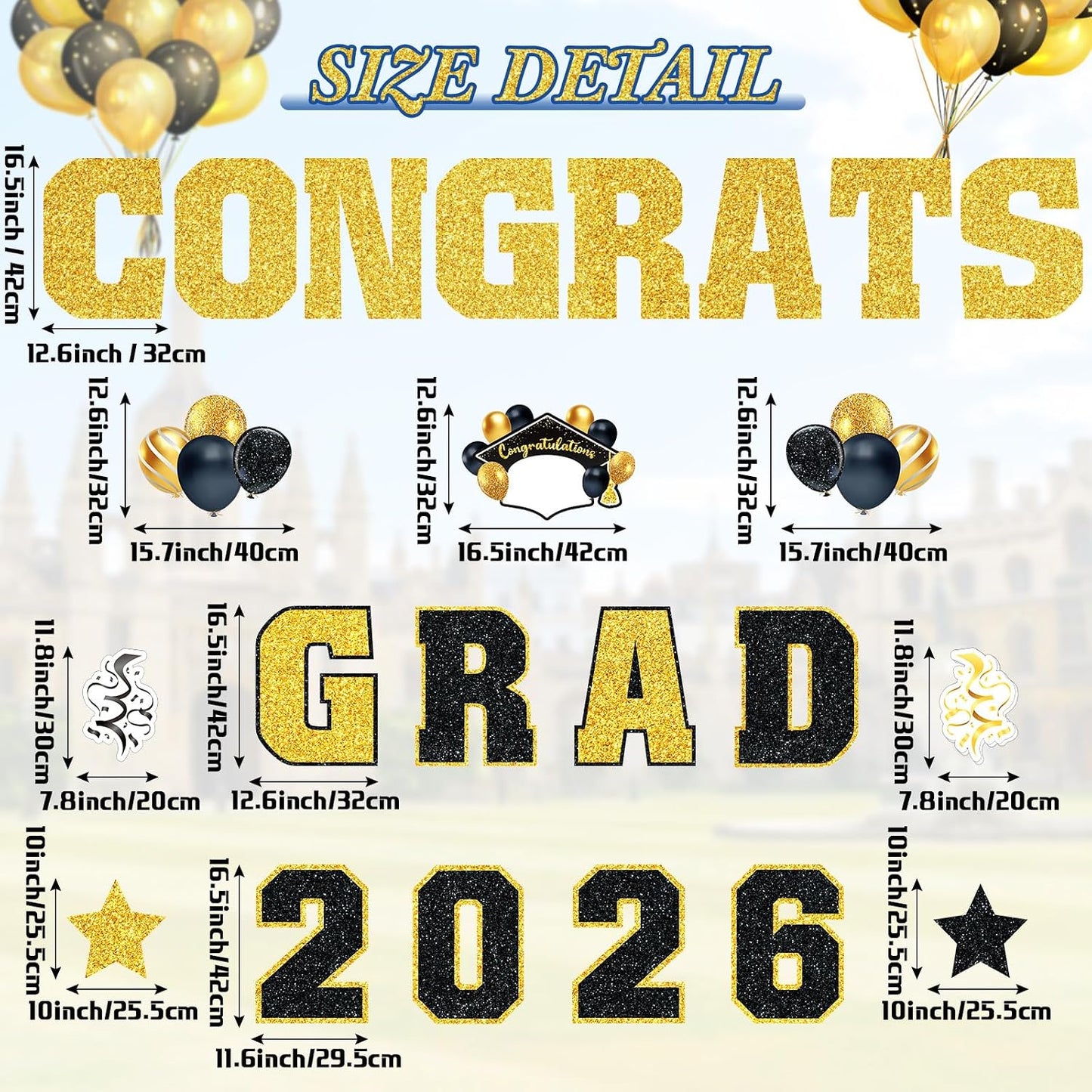 23 Carteles Graduación 2026 Negro Dorado Estacas Decoración