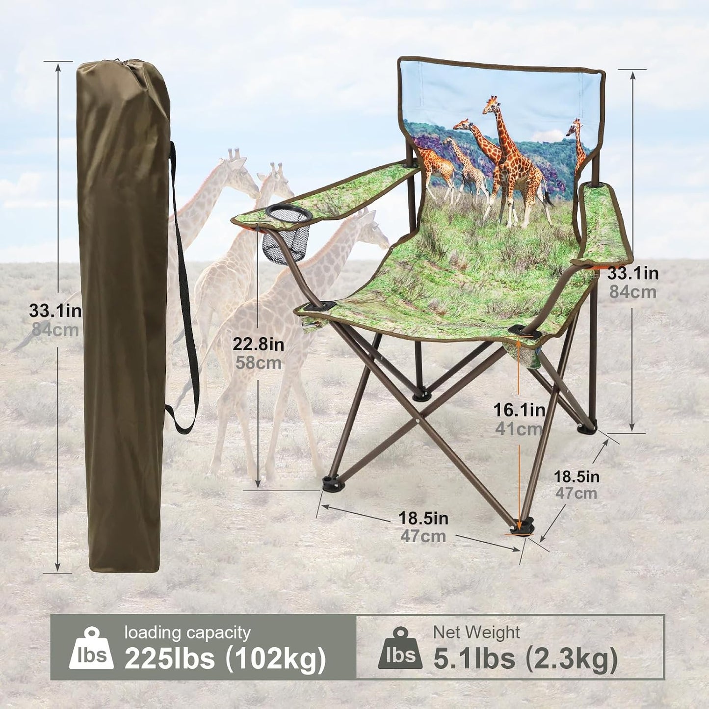 Silla camping ligera plegable con soporte tazas y bolsillo