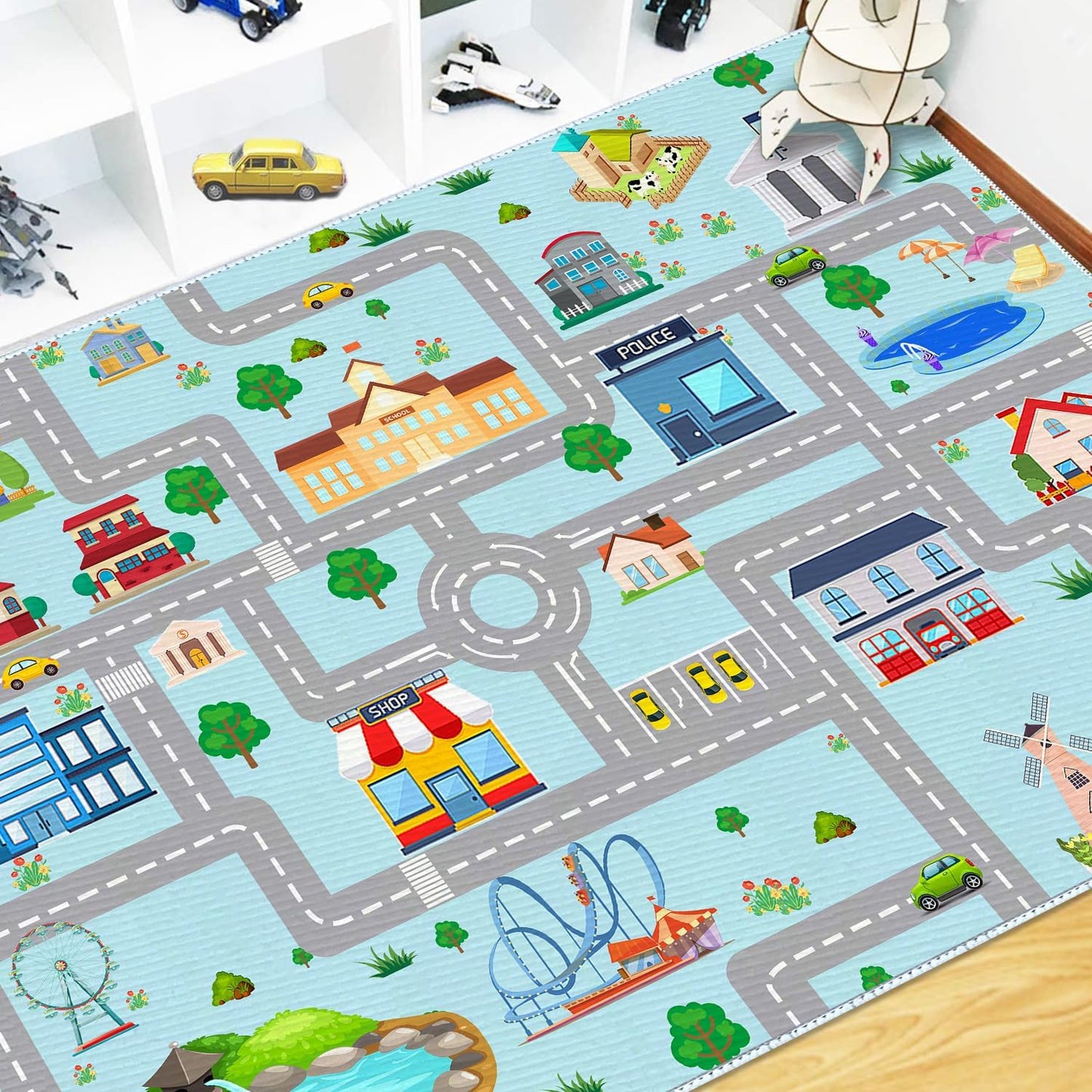 Alfombra coche niños 2'7"x4' antiderrap pista carreras