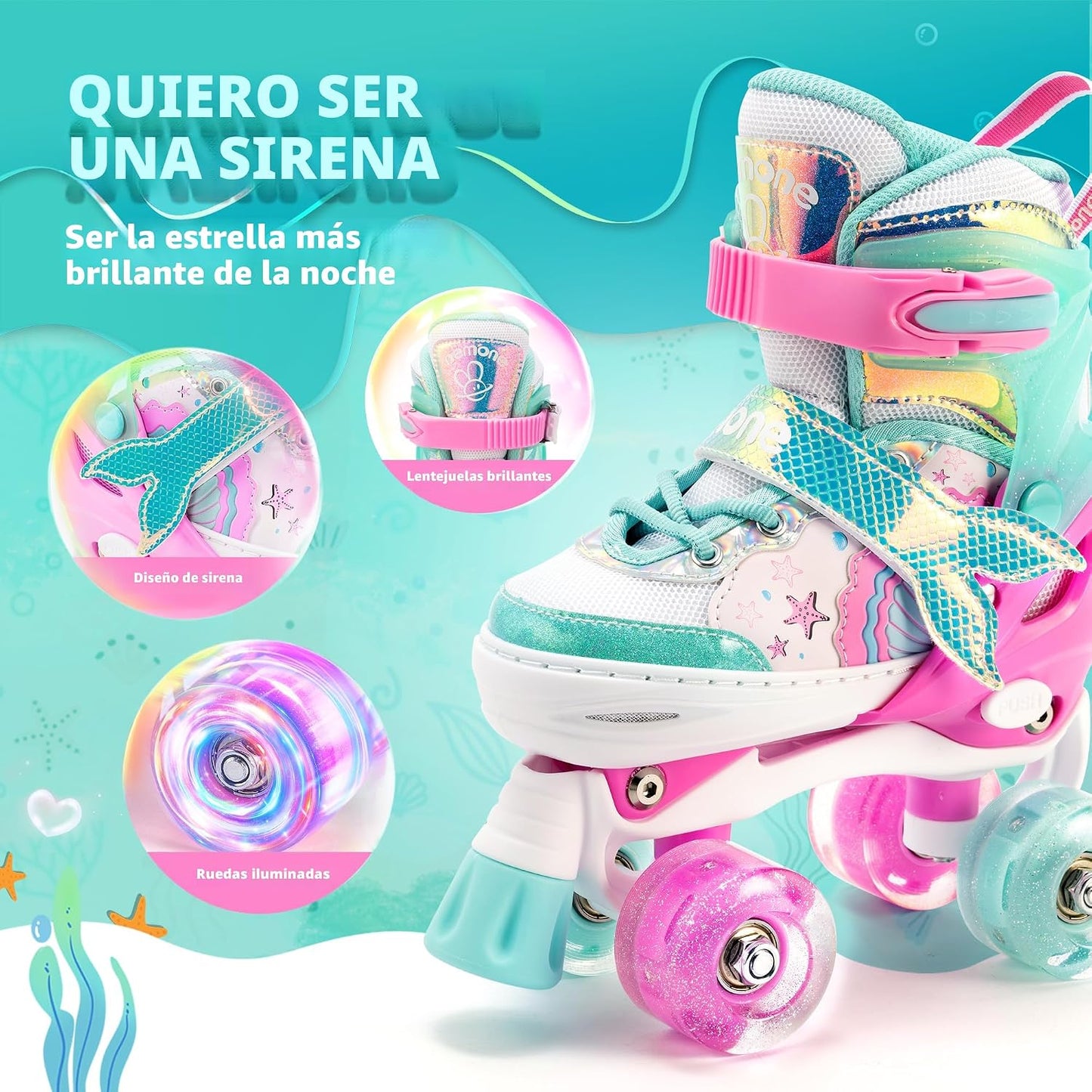 Patines Sirena Ruedas Iluminadas 4 Tamaños Niñas Azul Morado