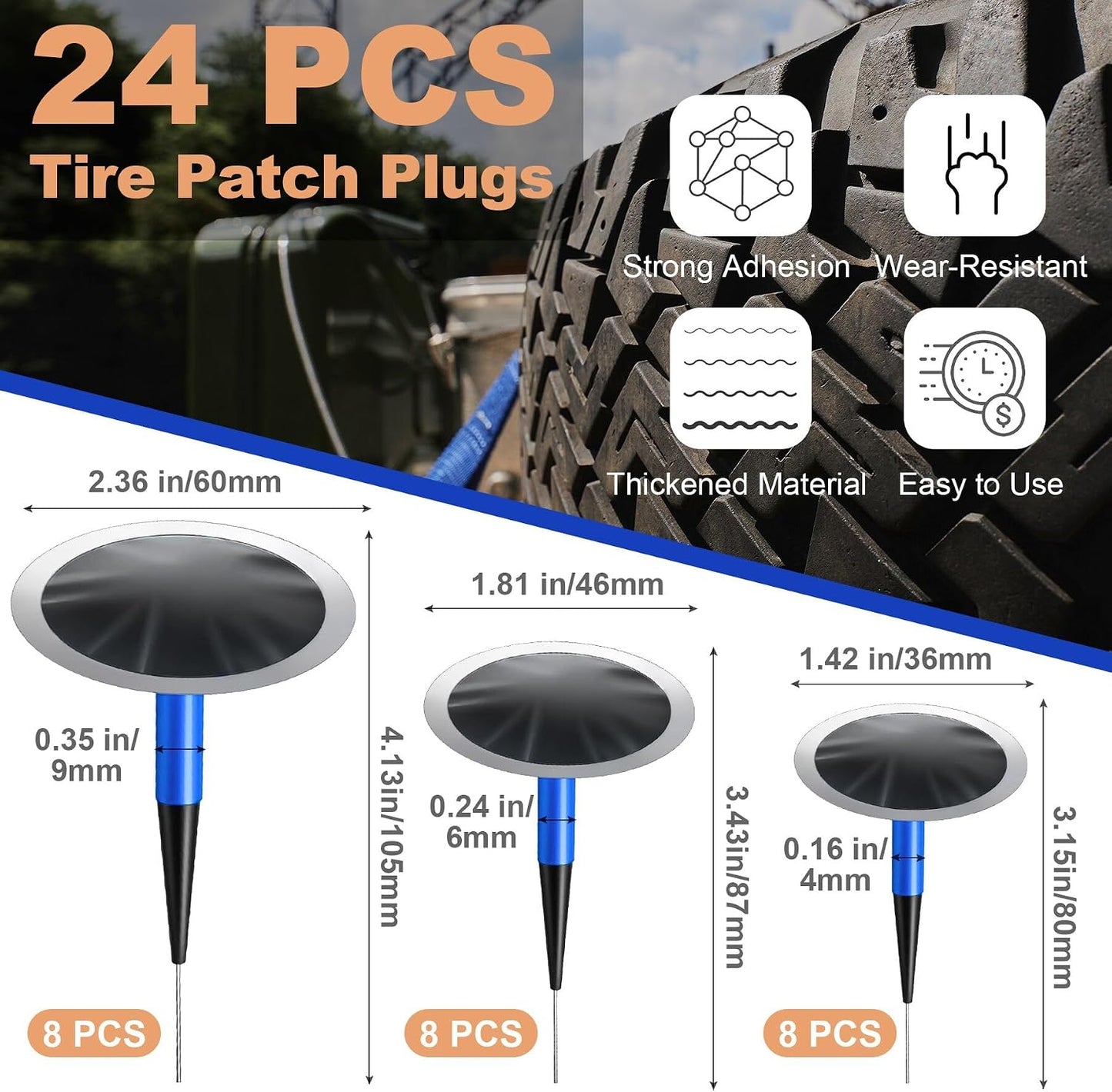 Kit reparación neumáticos 24 pzas tapones 3.6-6cm