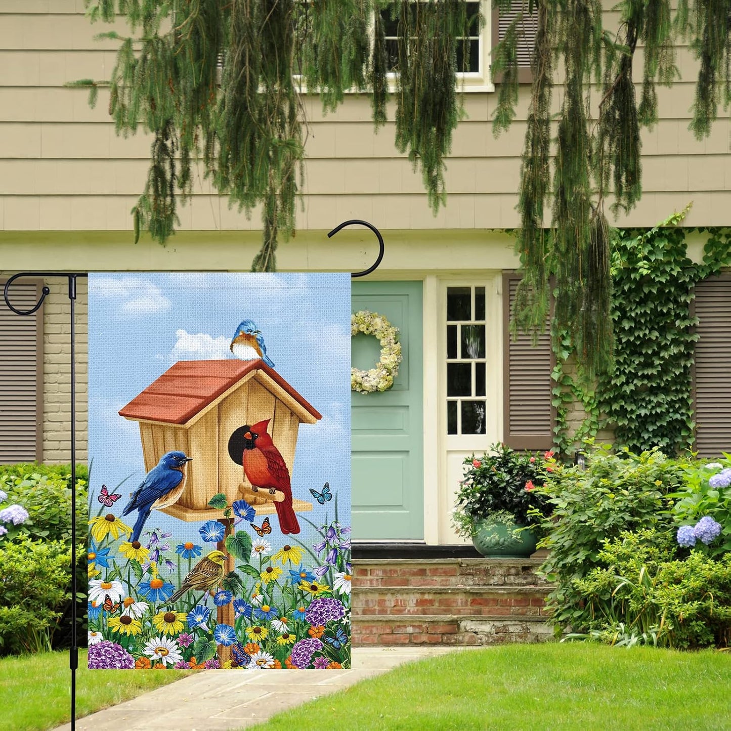 Bandera jardín pájaros primavera 12x18" doble cara floral