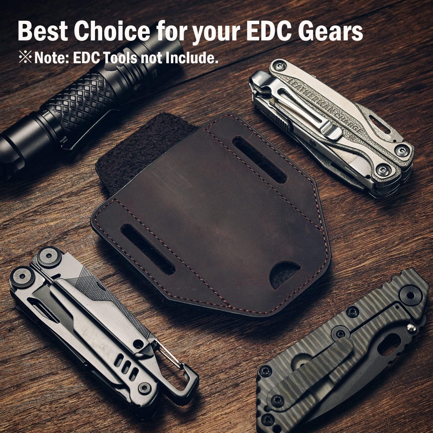 Funda cuero EDC para multiherramienta linterna cuchillo marrón