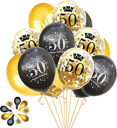 Globos cumpleaños 50 dorados y negros 12pulg con confeti