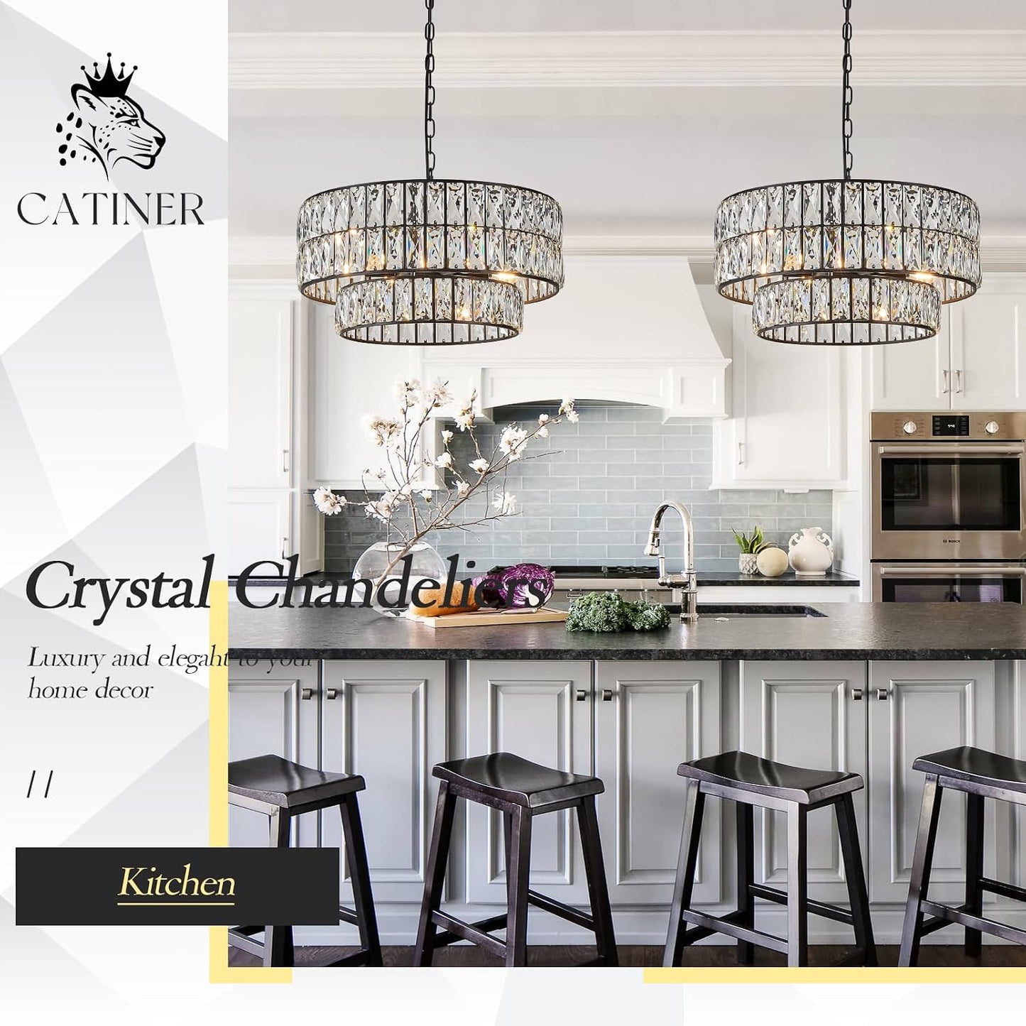 Candelabro cristal negro 6 luces 20pulg para comedor