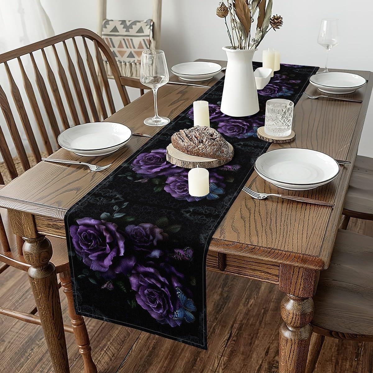 Camino mesa rosas moradas 13x72pulg mariposas hojas bohemio