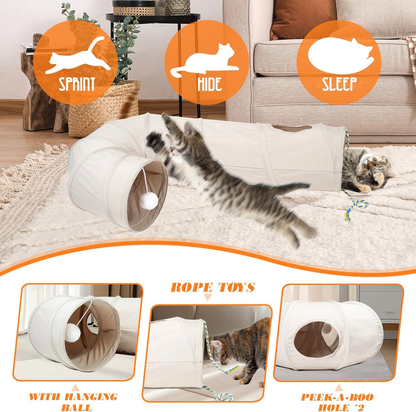 Túnel gato plegable con pelota cuerda beige