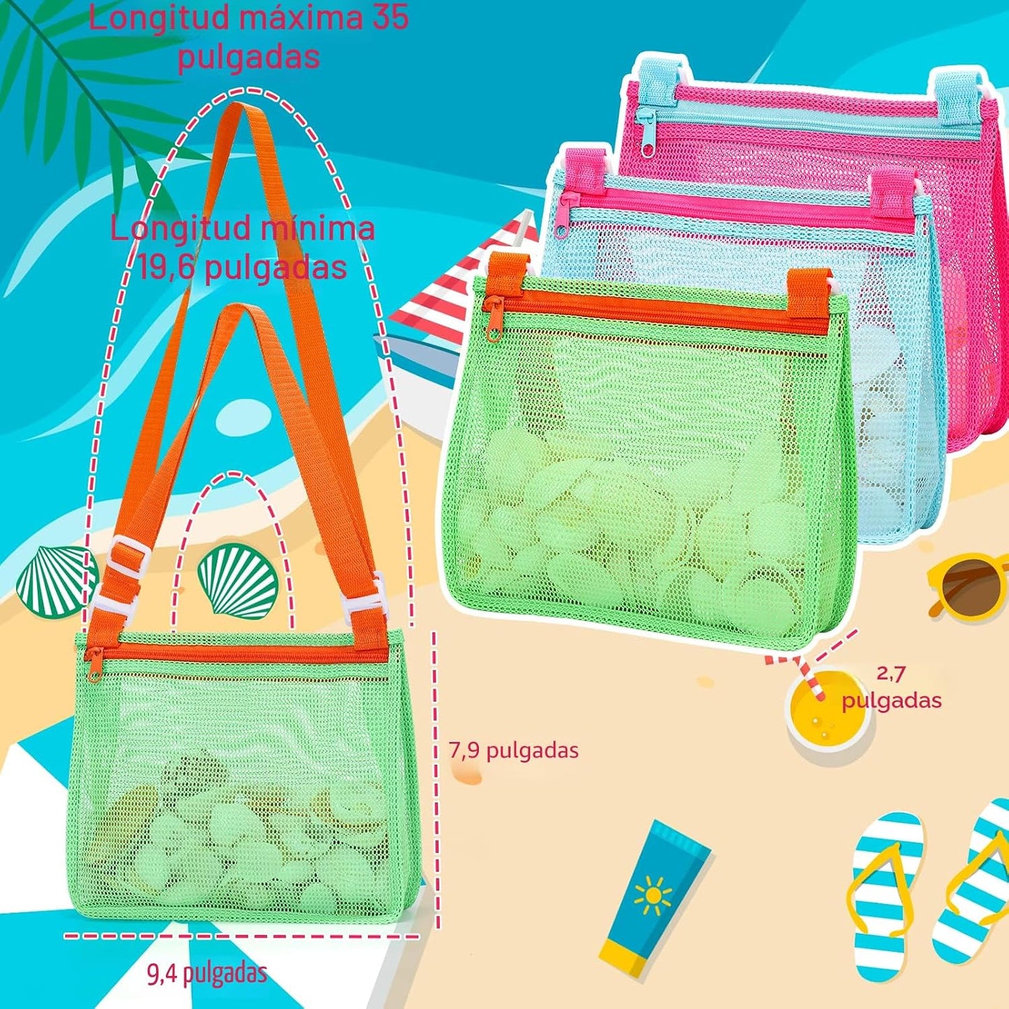 Bolsa malla para juguetes playa y recolectar conchas