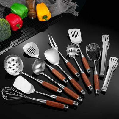 Set 12 Pzas Utensilios Acero Inox con Mango Madera