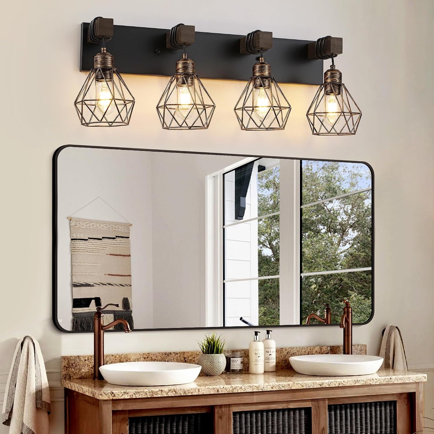 Lámparas doradas de madera 4 luces para baño y sala