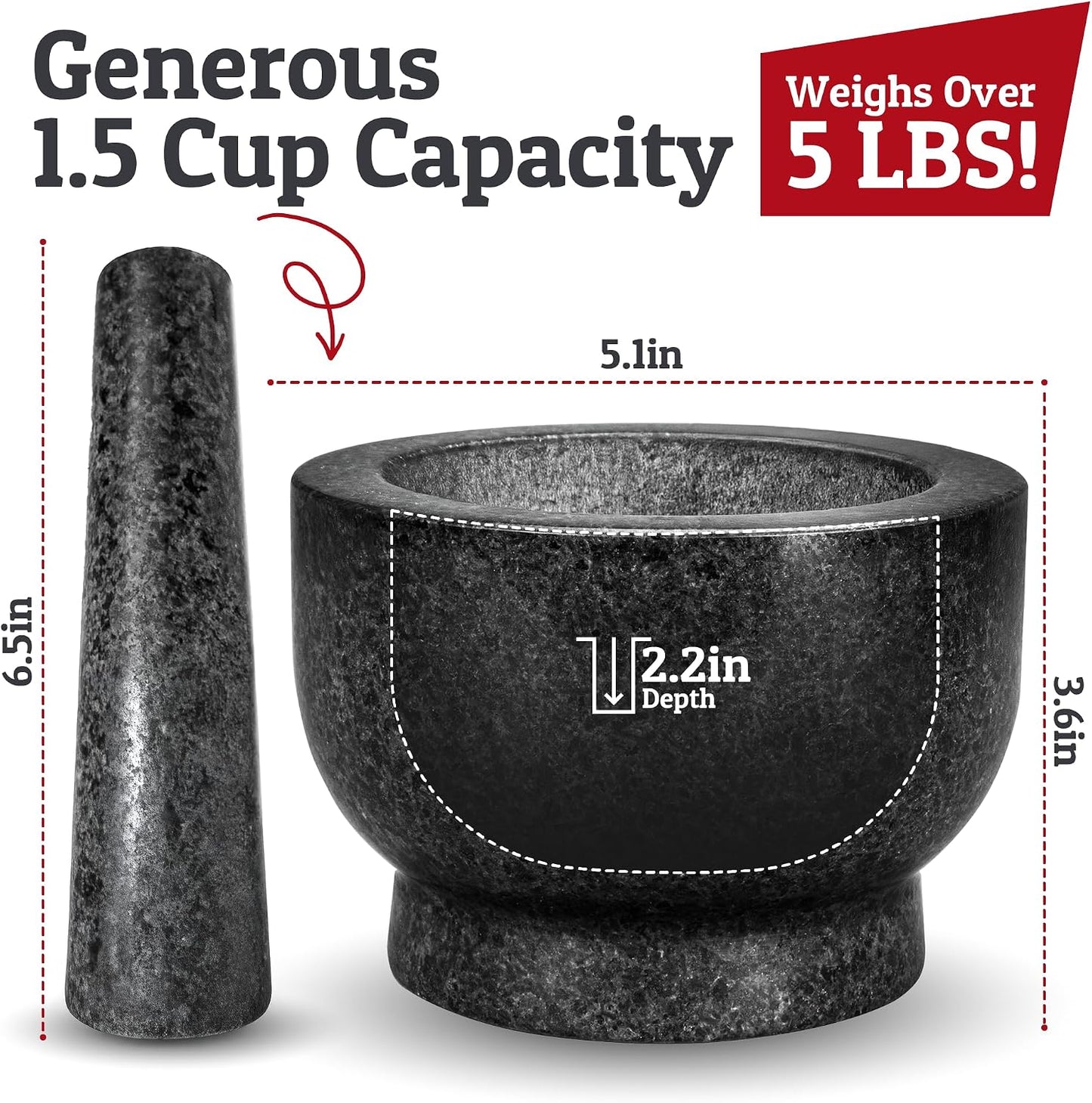 Set mortero granito cuenco molcajete 1.5 tazas negro