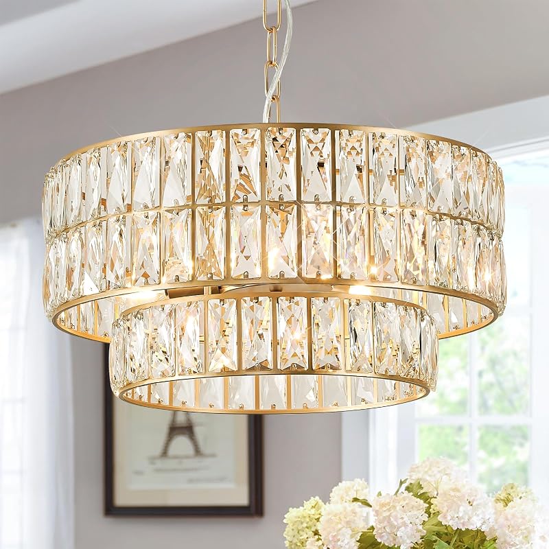 Candelabro cristal dorado 20pulg lámpara techo 6 luces