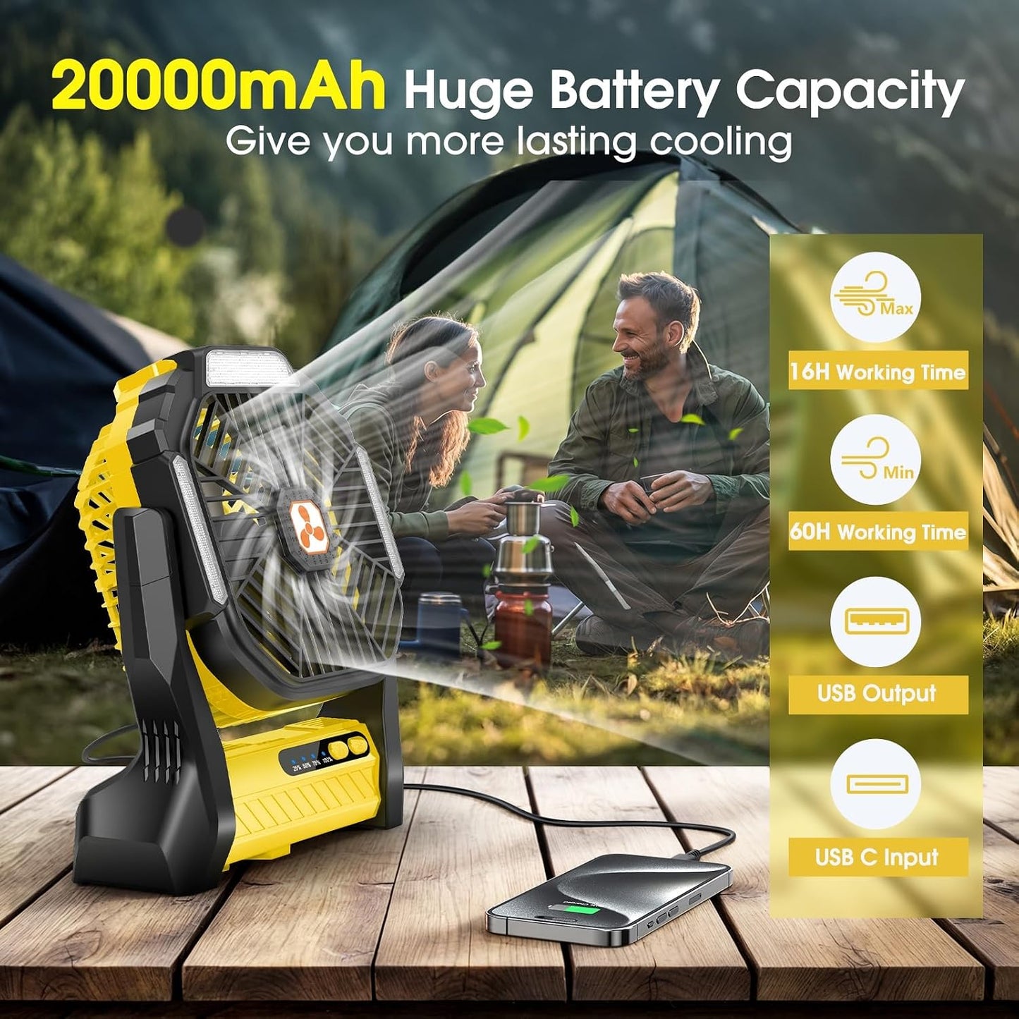 Ventilador portátil recargable 20000mAh con luz LED