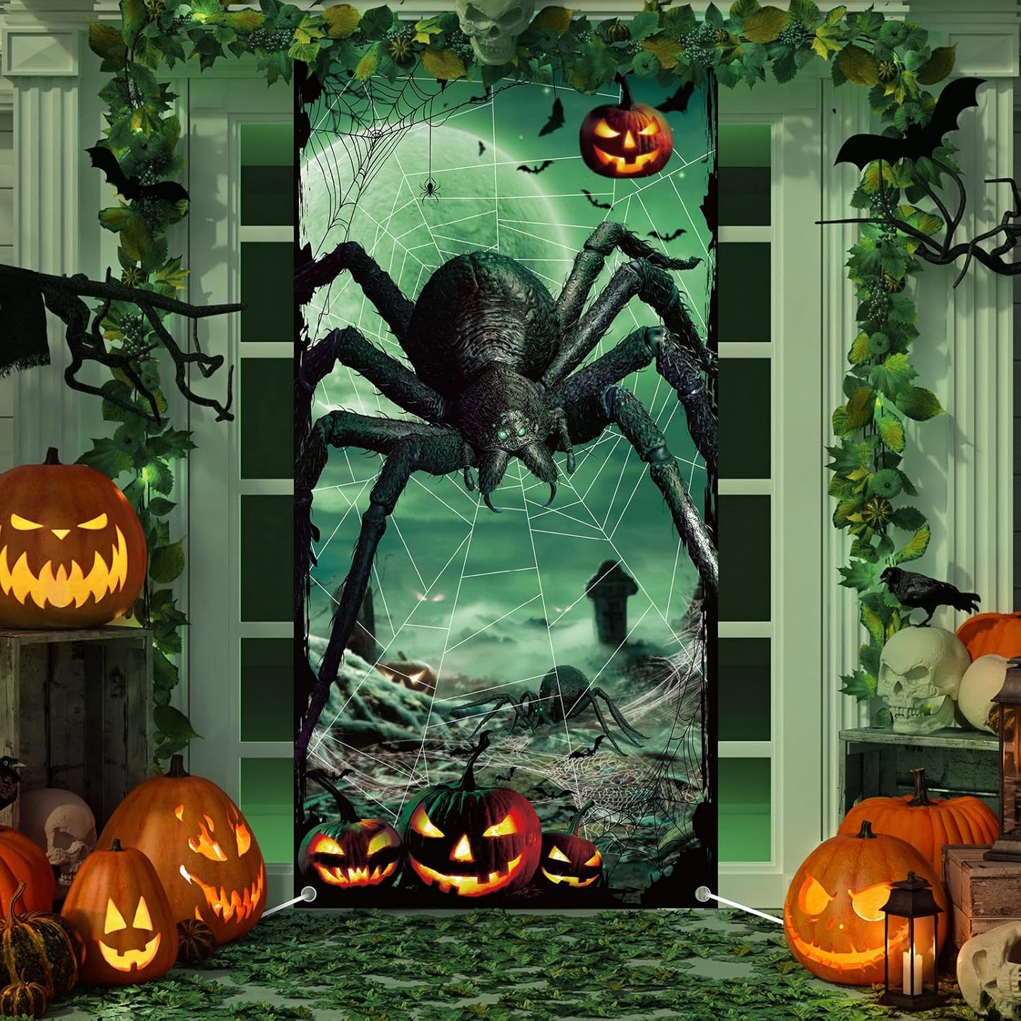 Decoración puerta Halloween telaraña calabazas murciélagos