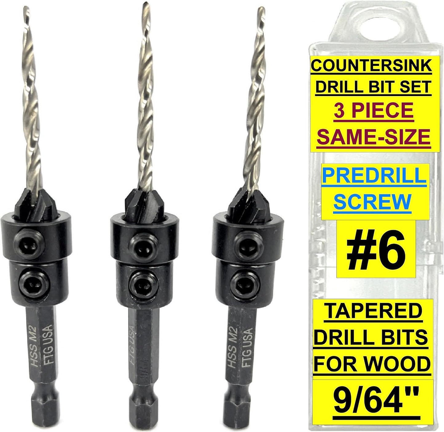 Set 3 brocas avellanadoras #6 9/64 pulg con llave y contenedor