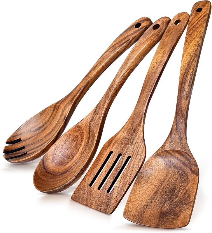 4 Cucharas Madera Acacia para Sartenes Antiadherentes