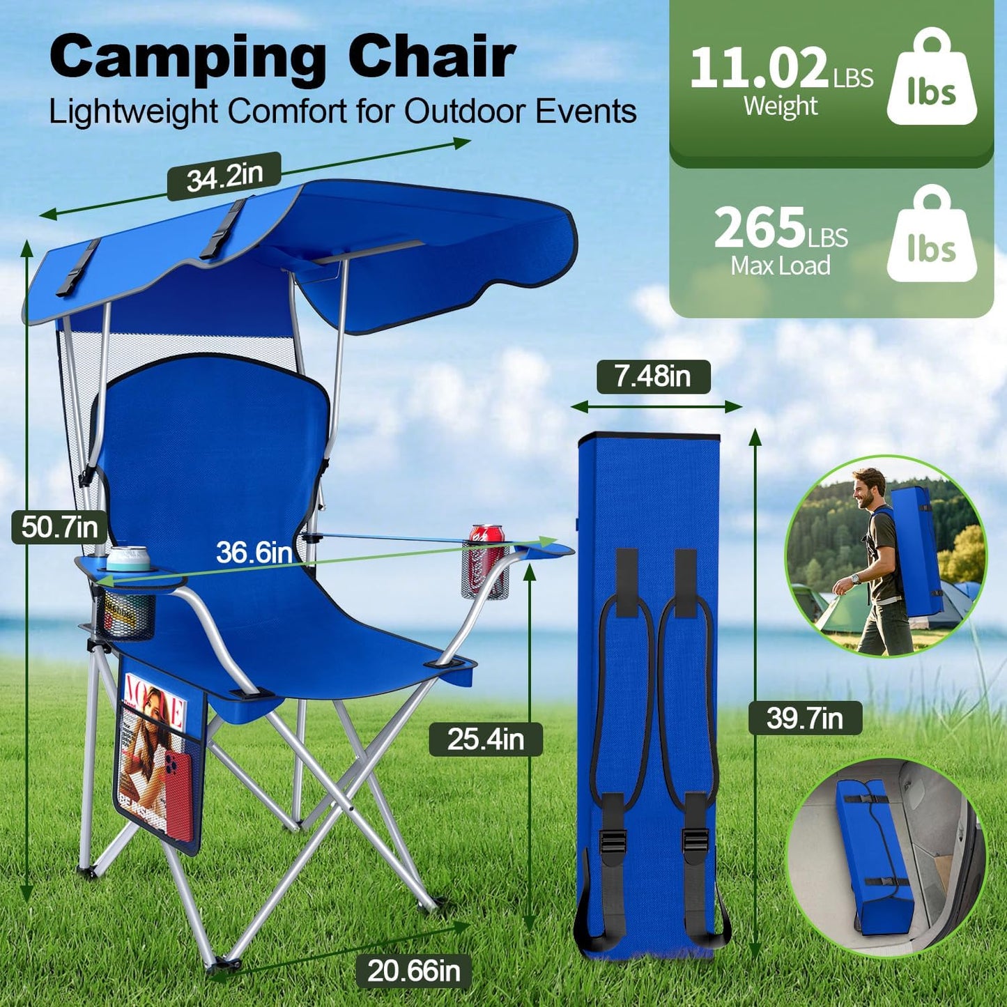 Silla camping plegable con dosel Oxford 600D duradera