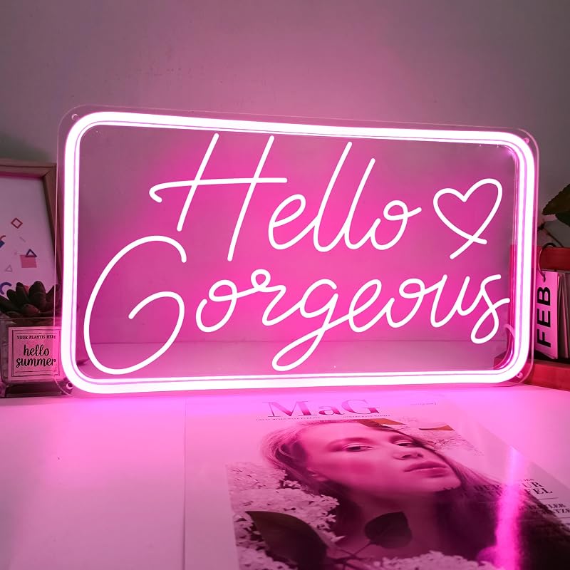 Letrero neón rosa Hello Gorgeous para dormitorio y eventos