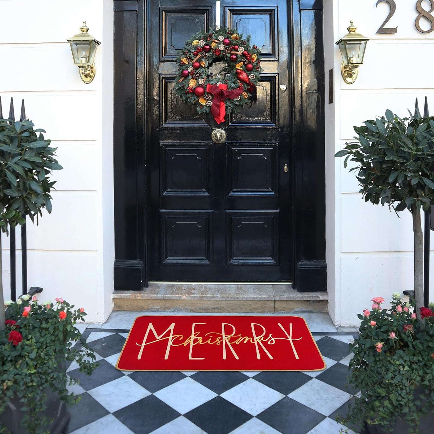Felpudo Navidad rojo dorado 17.5x29 para puerta