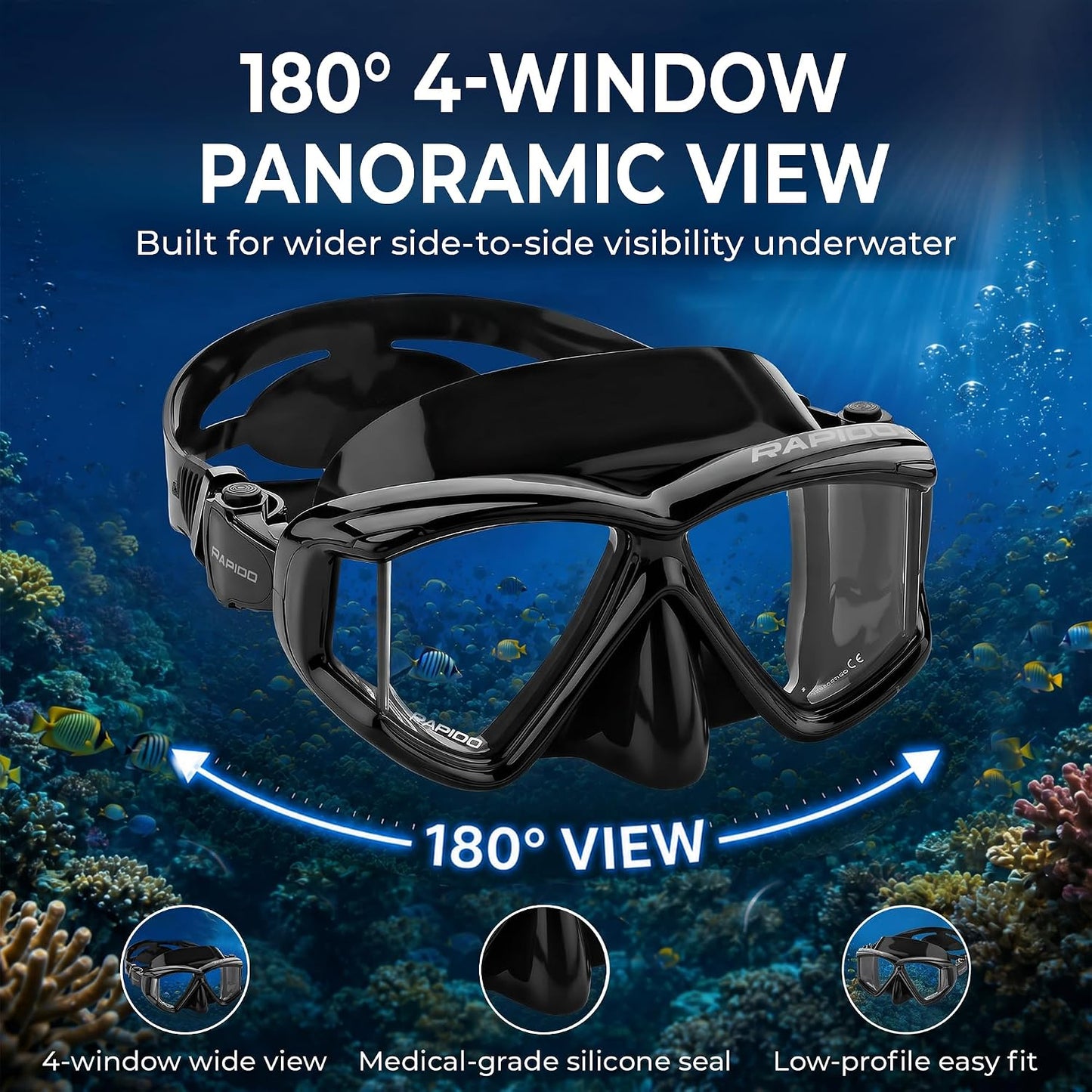 Máscara esnórquel Panto-180 vidrio templado 4 ventanas