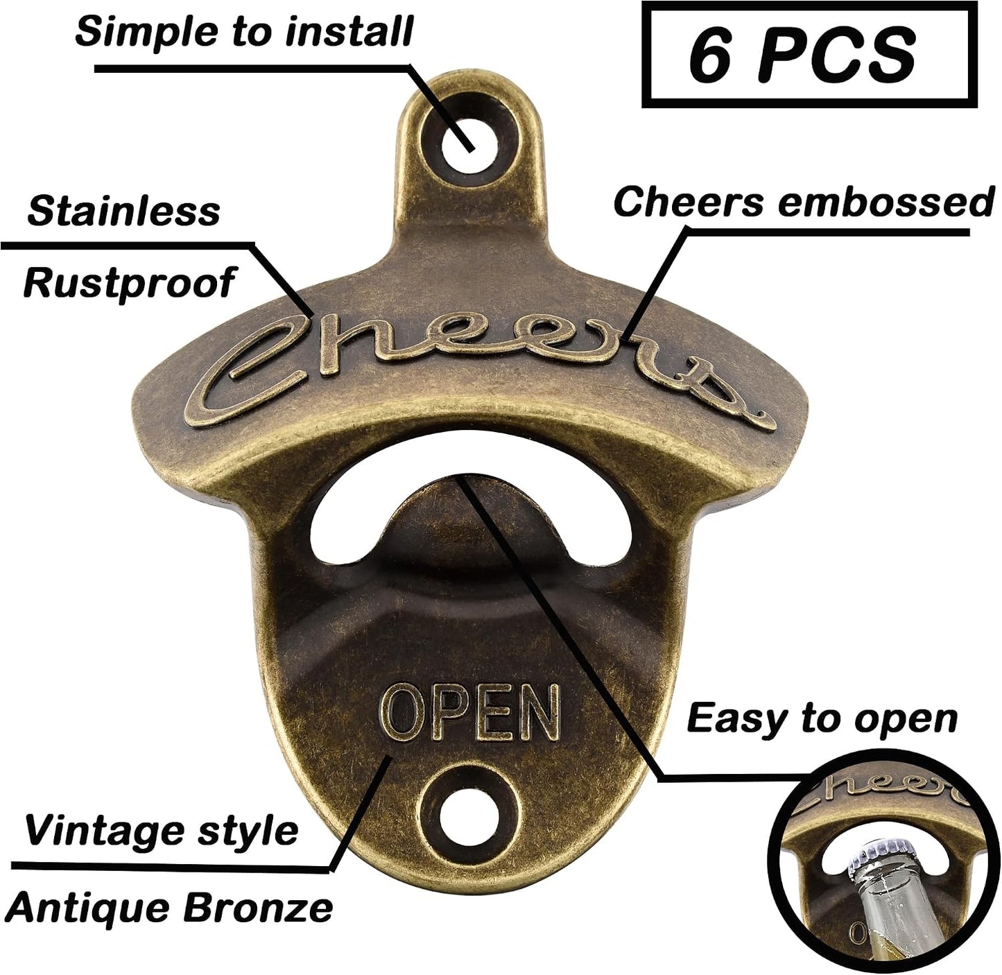 Abrebotellas bronce antiguo para pared y mesa set 6