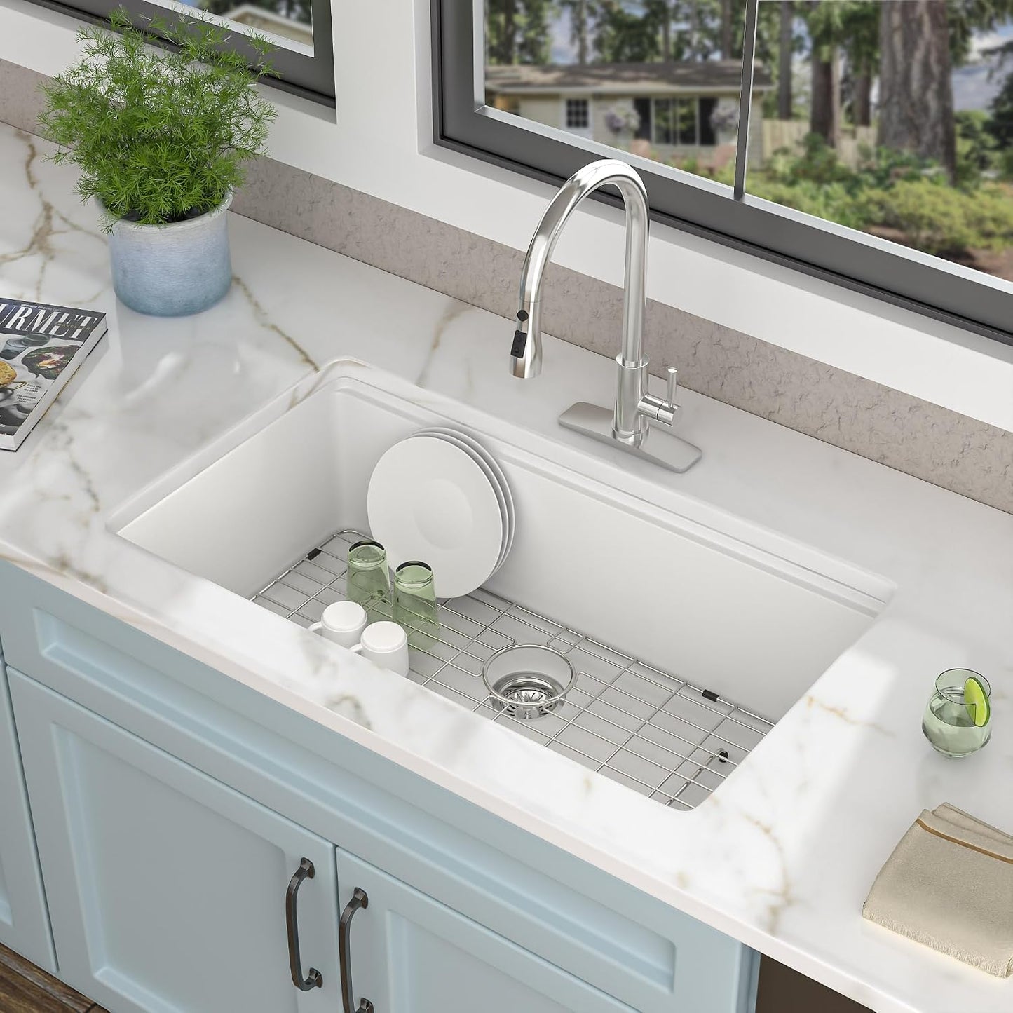 Fregadero cocina granito 30x19pulg estación blanca