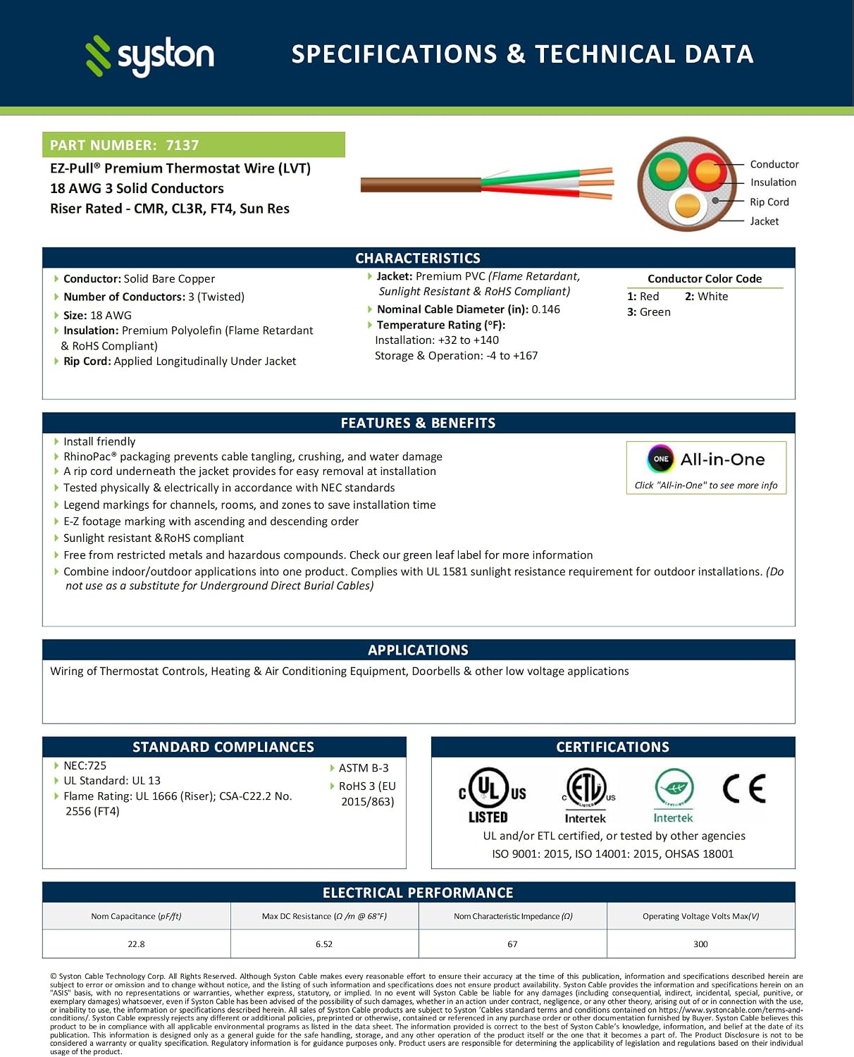 Cable termostato HVAC cobre CL3R/FT4/CMR certificado