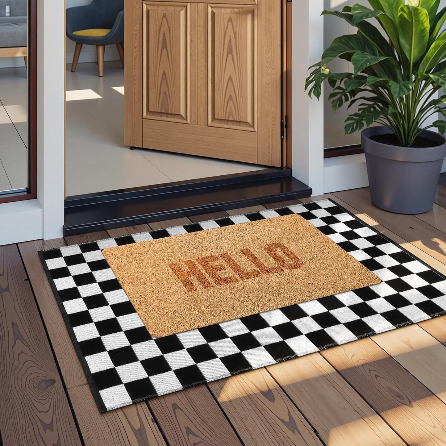 Alfombra cuadros marroquí 2x3ft reversible algodón puerta