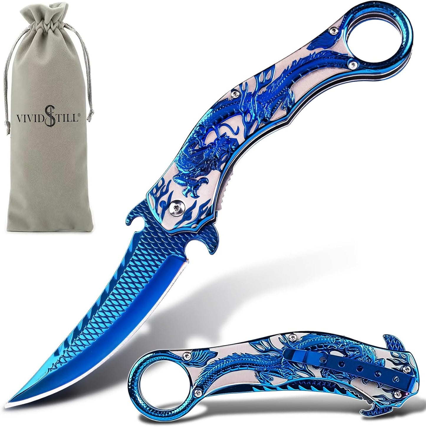 Cuchillo plegable EDC con relieve dragón azul 3D para hombres