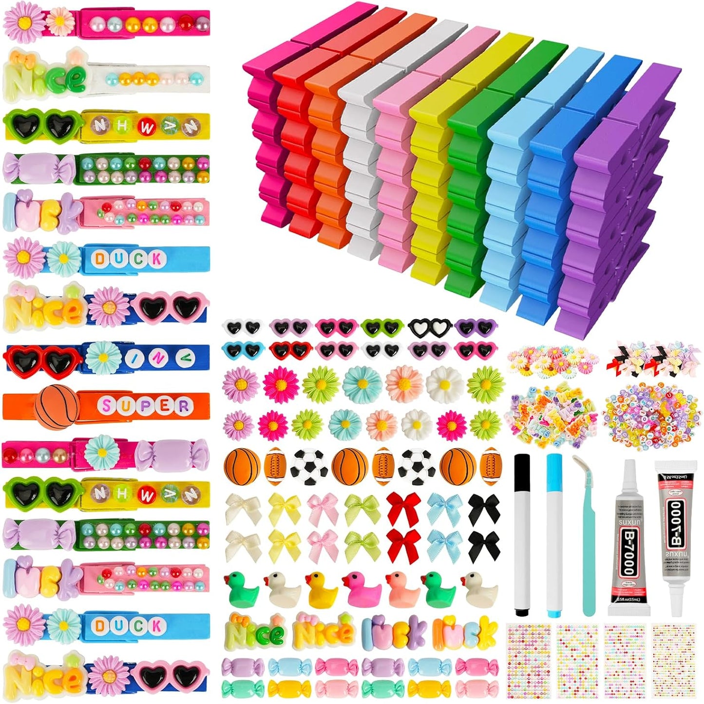 Kit pinzas madera 100 colores 180 dijes resina 300 cuentas