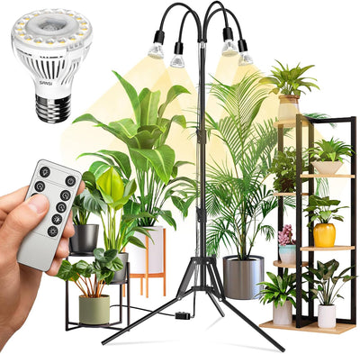 Lámpara LED crecimiento plantas 4 cabezales trípode ajustable 35-64