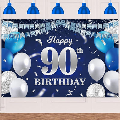 Fondo pancarta feliz cumpleaños 90 globos azul confeti decoración