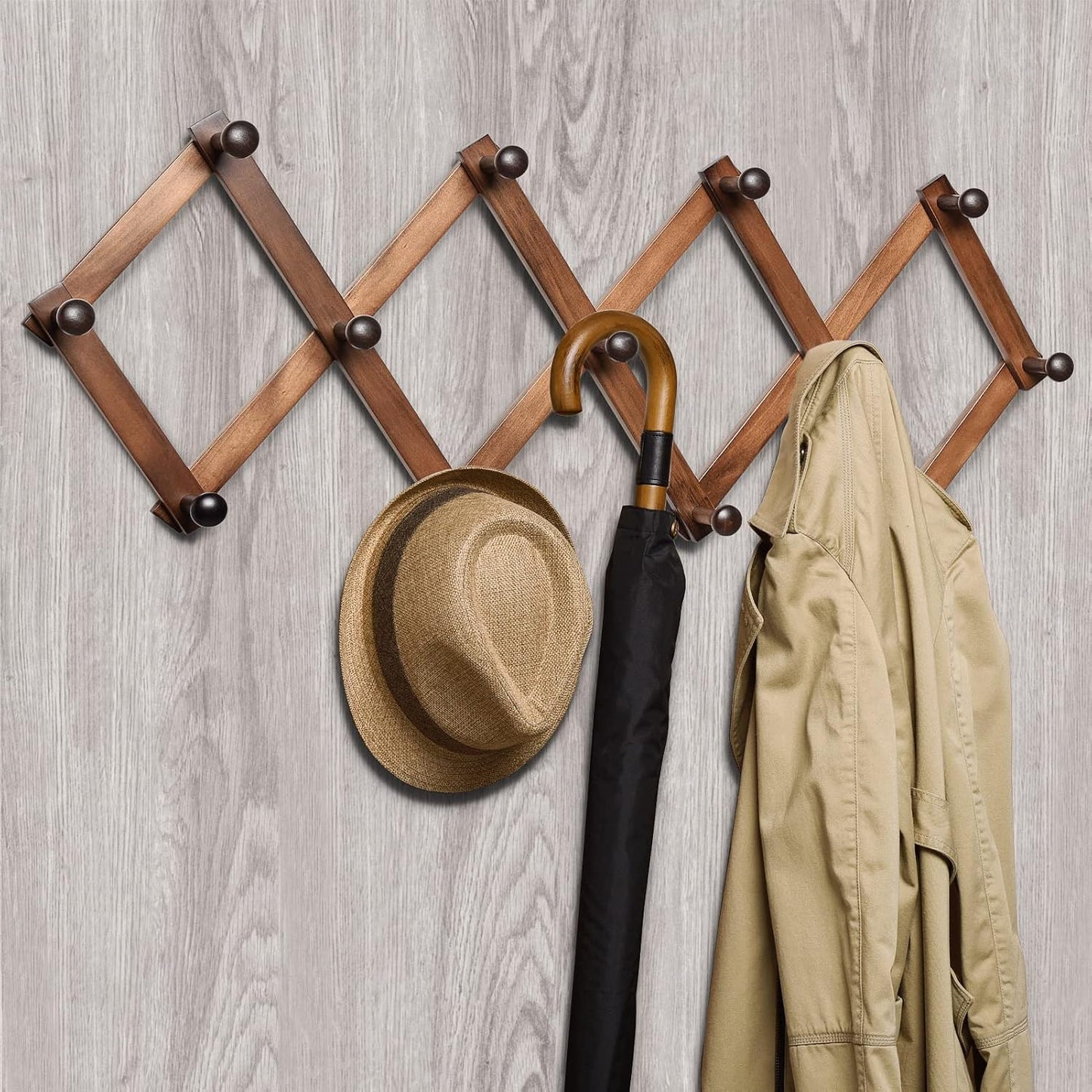 Perchero pared acordeón madera 13 ganchos expandible