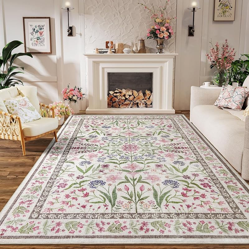Alfombra 6x9ft estampada flores para sala dormitorio niña