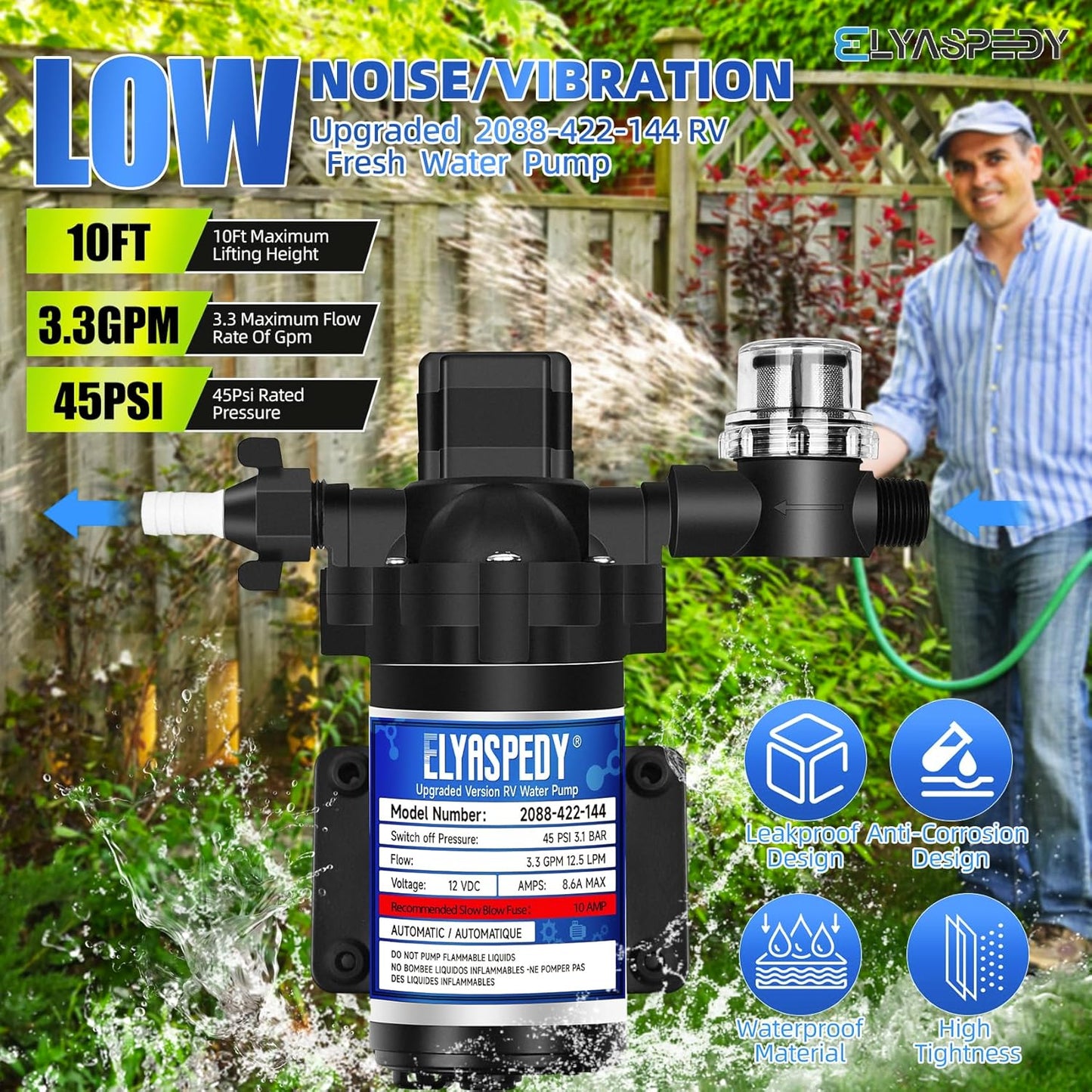 Bomba agua RV 12V 3.3GPM 45PSI autocebante con filtro