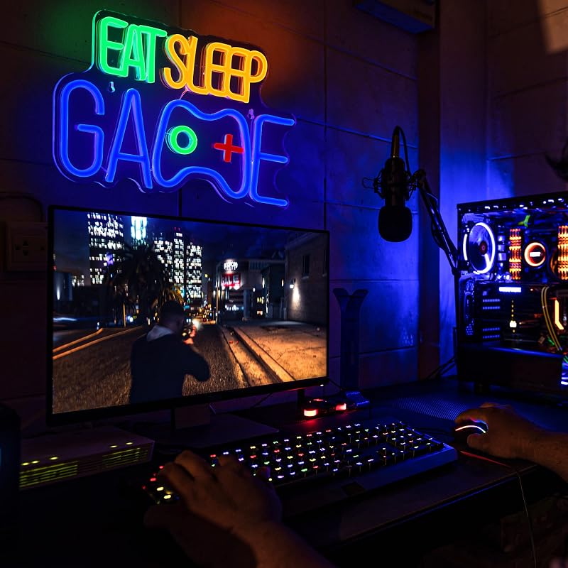 Letrero neón EAT SLEEP GAME con luz nocturna para niños azul