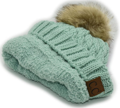 Gorro mujer punto trenzado grueso con pompón forro polar